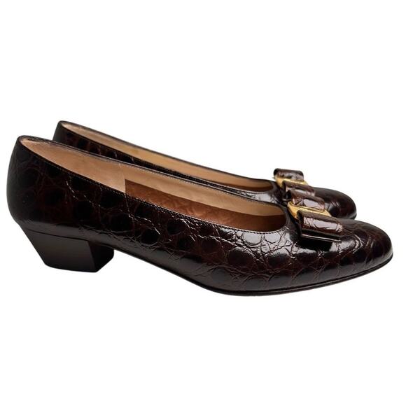 Vtg 90’s Salvatore Ferragamo Brown Calf Croc Leather Gold Bow Vara Shoes Sz 8 B - Picture 13 of 16